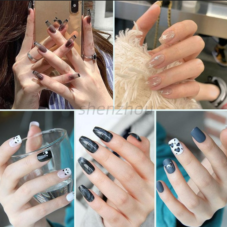 [Hàng mới về] Bộ 24 móng tay giả in họa tiết trang trí móng tay nghệ thuật DIY phong cách Pháp